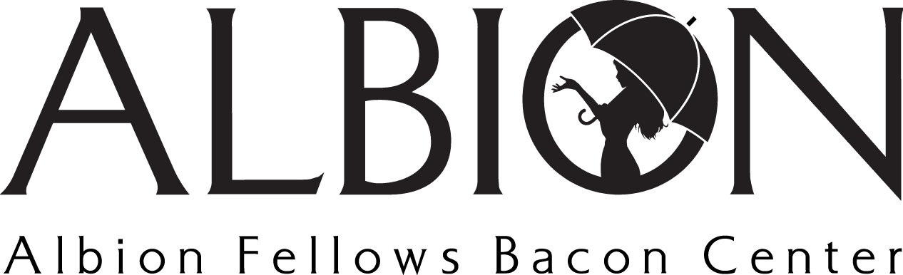 Albion Fellows Bacon Center Logo - The O in Albion has a woman holding an umbrella 