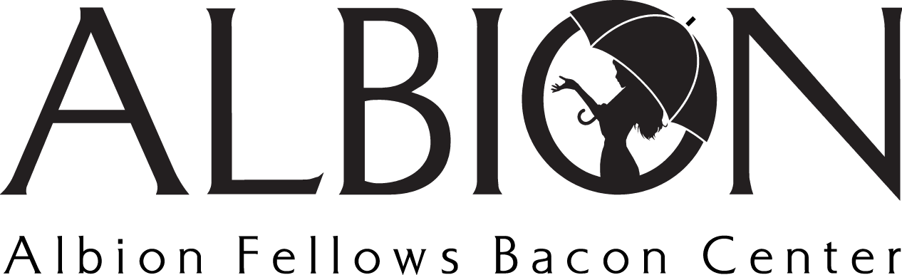Albion Fellows Bacon Center Logo - The O in Albion has a woman holding an umbrella