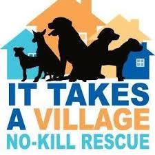 It Takes a Village No-Kill Rescue logo. Black dogs in front of multi-colored houses.