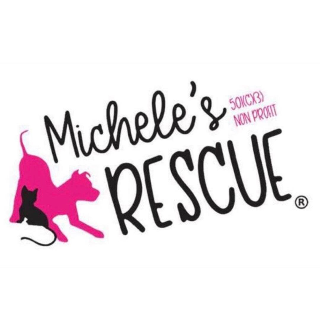 Michele's Rescue logo. Black cat sitting in front of a pink dog. Large black letters to the right that say Michele's Rescue.
