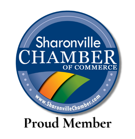 business logo reading Sharonville Chamber of Commerce with text below reading Proud Member