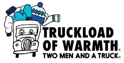 Logo for Truckload of Warmth Campaign with Truckie filled with hats, mittens, and scarves.