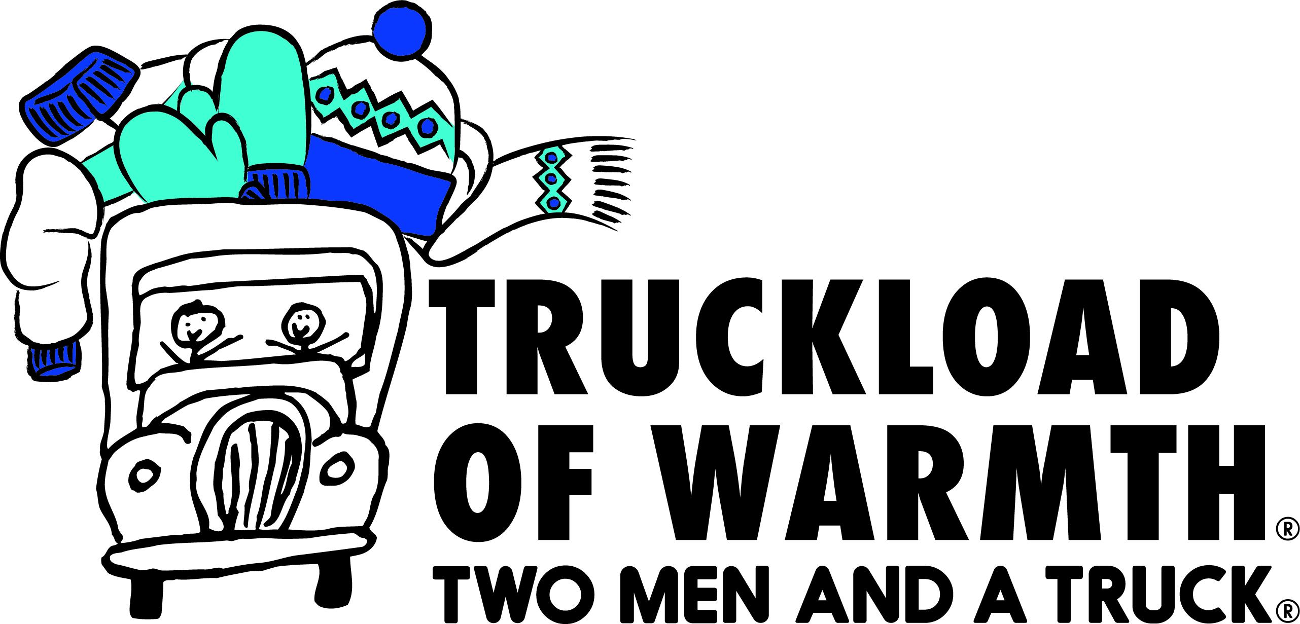 Logo for Truckload of Warmth Campaign with Truckie filled with hats, mittens, and scarves.