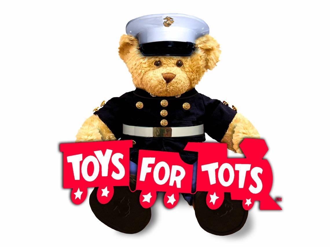 Marine teddy bear with toys for tots logo