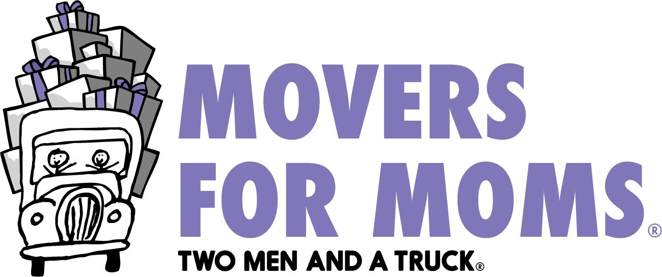 purple movers for moms logo to the right of the truck carrying purple and gray packages