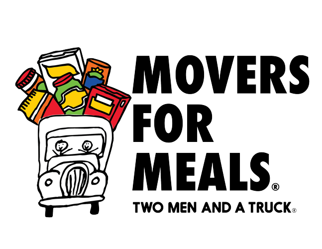movers for meals charity logo of cartoon truck carrying food items