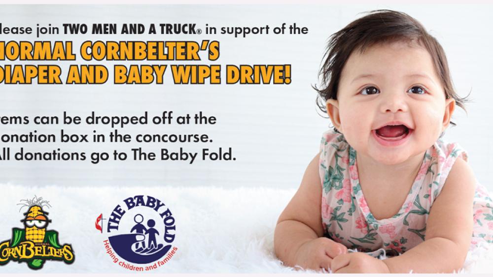 Normal CornBelters and Two Men And A Truck partnering. picture of logos and baby girl