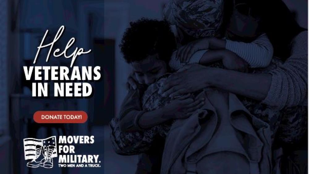 Family hugging with writing that says Help Veterans in Need, donate today