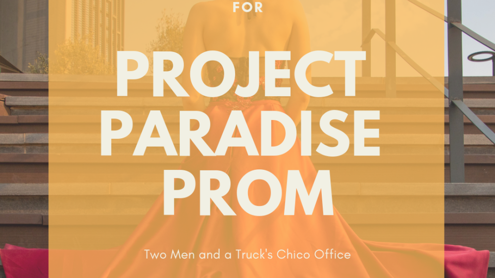 Woman in a formal dress with text that reads "Project Paradise Prom"