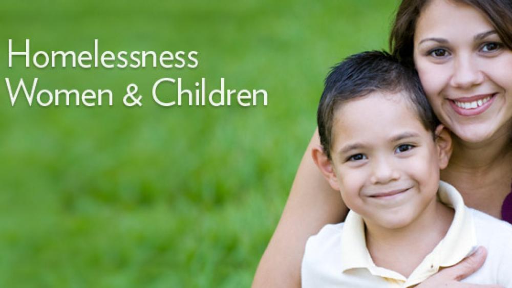 barrett foundation banner that reads "ending homelessness for women and children" featuring a mother with her son