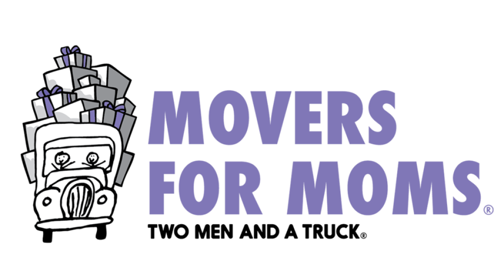 Movers for moms charity logo with a truck full of donation boxes