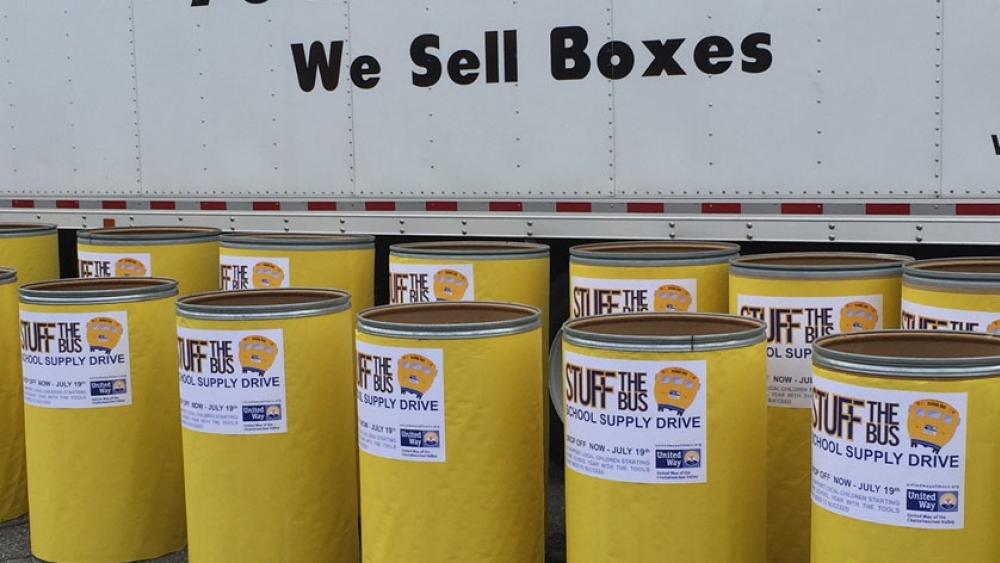 collection barrels for stuff the bus charity