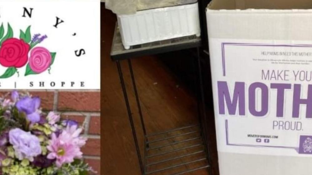 Movers for Moms box next to Kenny's Flower Shoppe logo