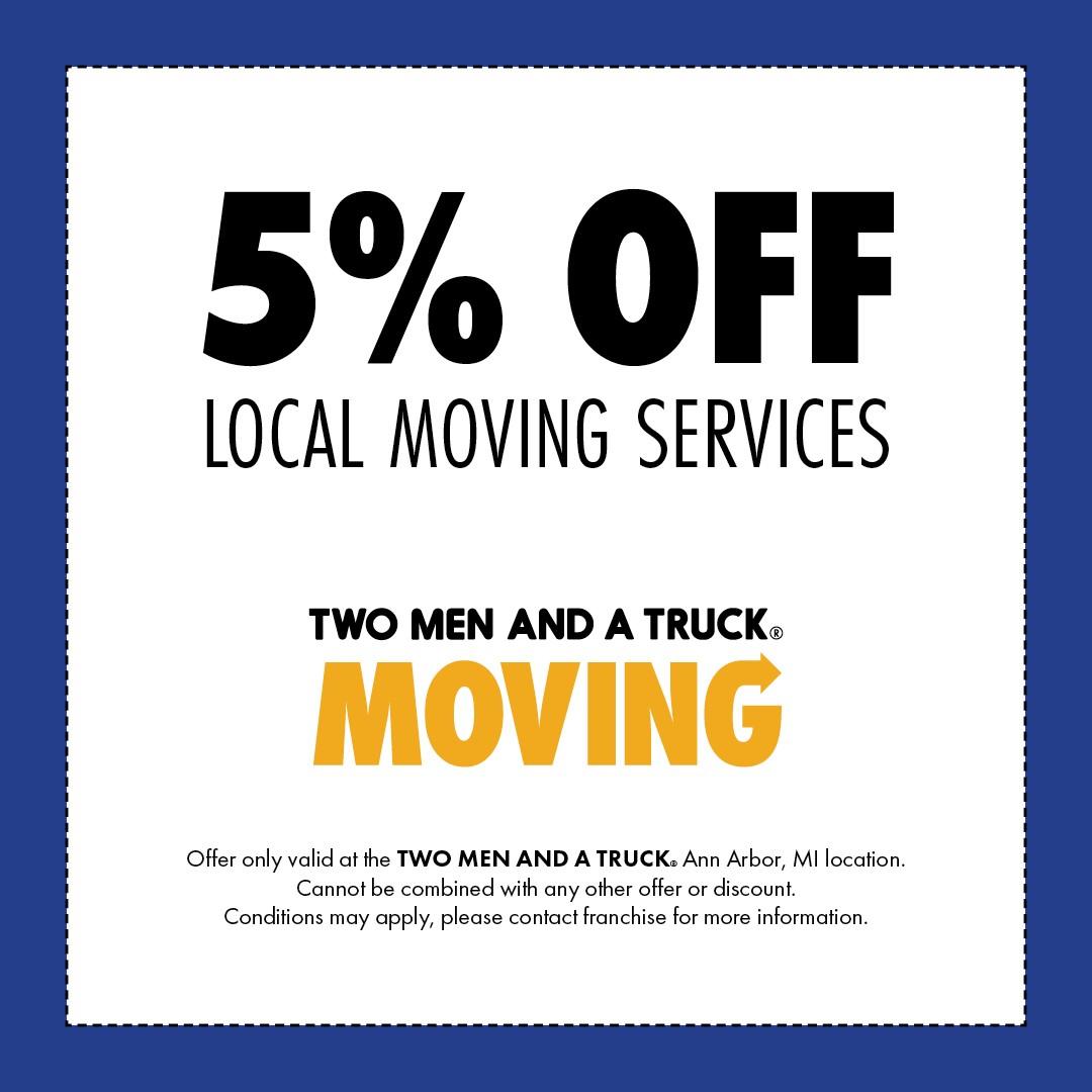 Moving discount coupon offering five percent off local moves