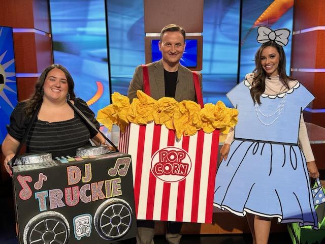 popcorn boxtume worn by news anchor