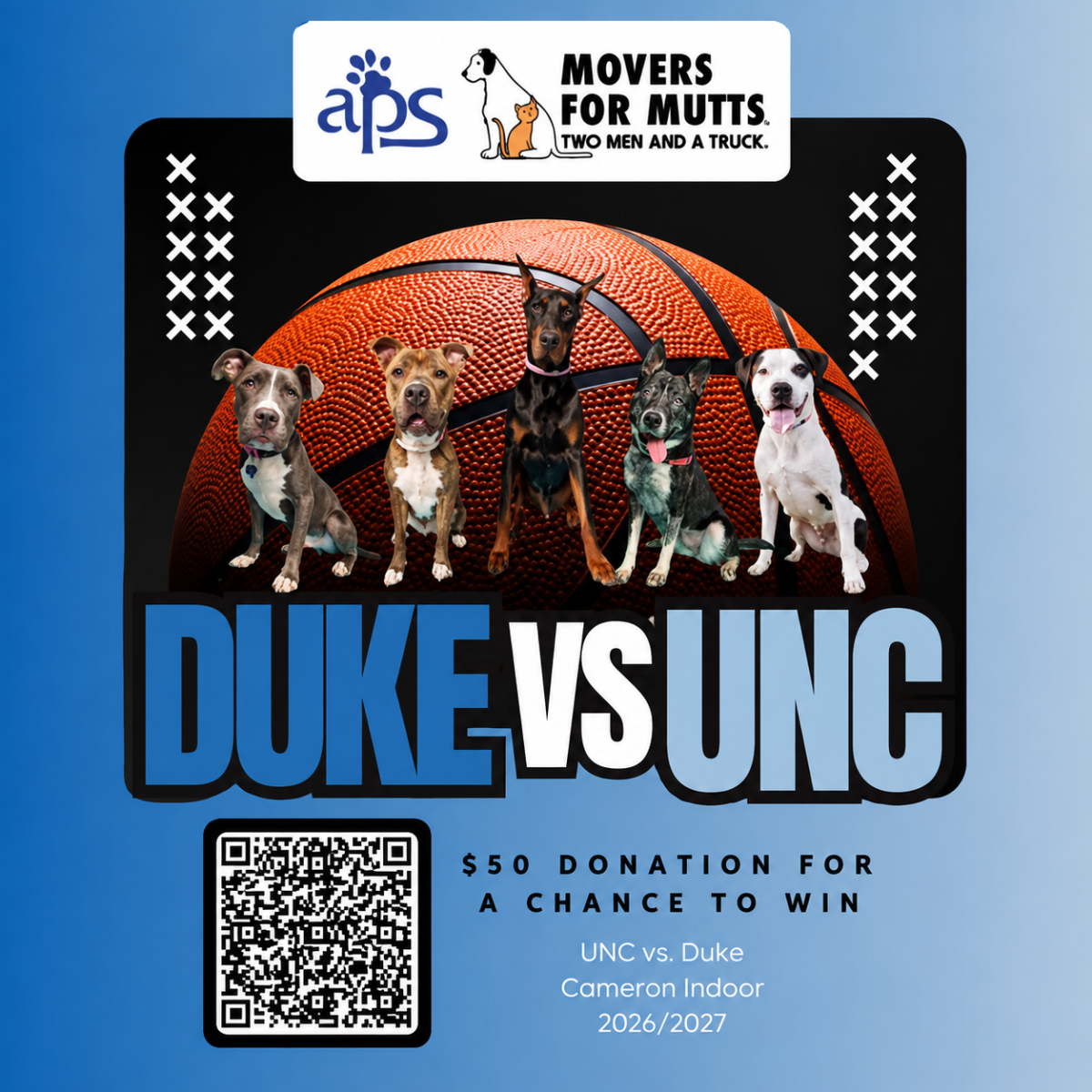 Movers for Mutts 2026 Duke UNC basketball ticket raffle benefiting APS of Durham