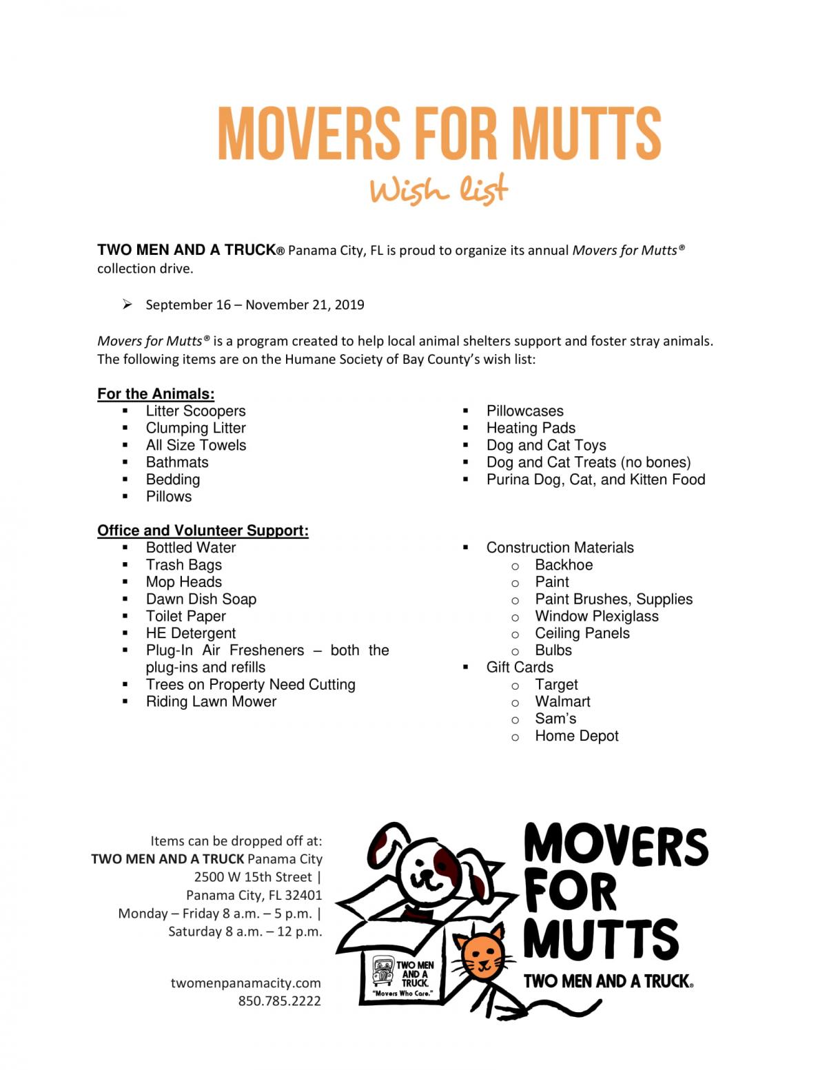2019 Movers for Mutts Wish List