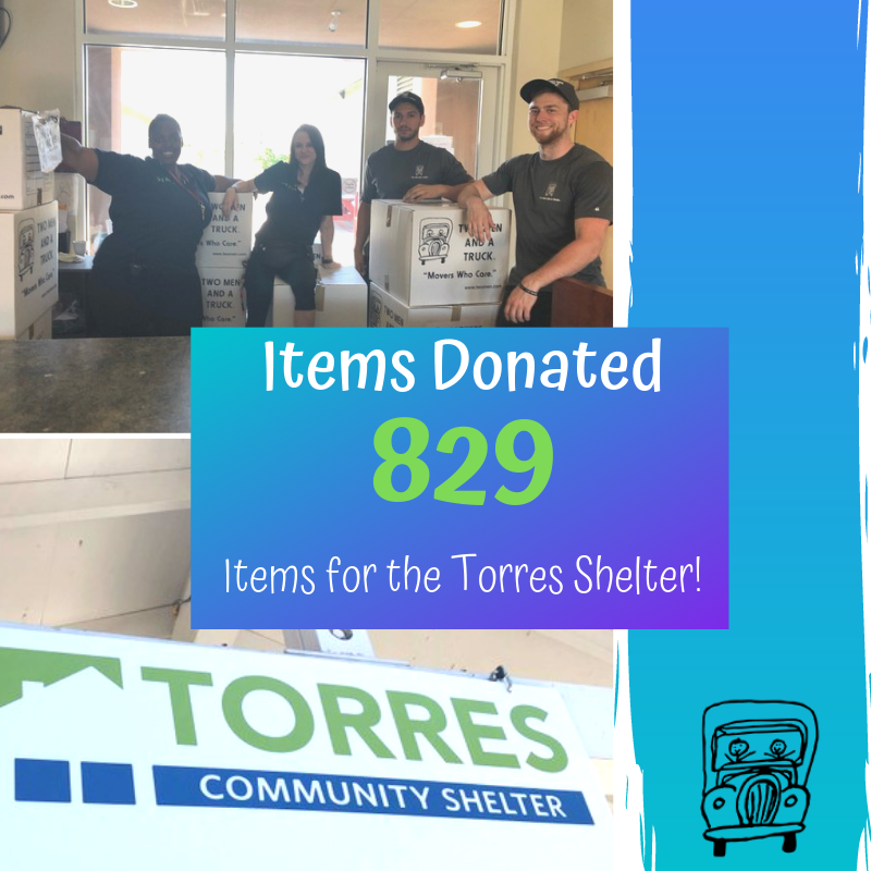 Pictures of boxes of items donated to Torres shelter with employees from the shelter and TMT movers
