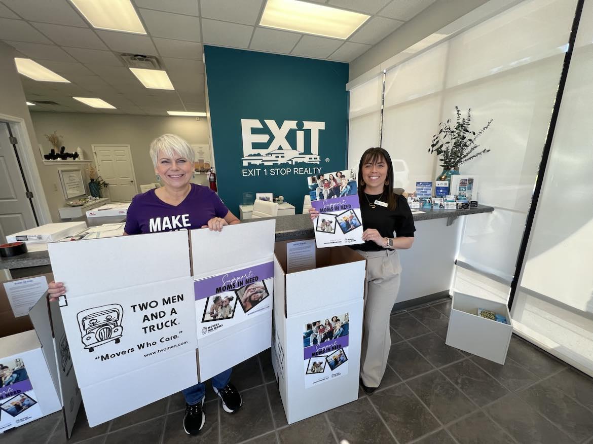 Brenda Ruffing delivers Movers for Moms Collection Boxes to Exit 1 Stop Realty