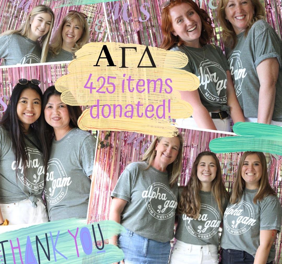 Alpha Gamma Delta sorority sisters with their moms and text that reads &quot;425 items donated&quot;