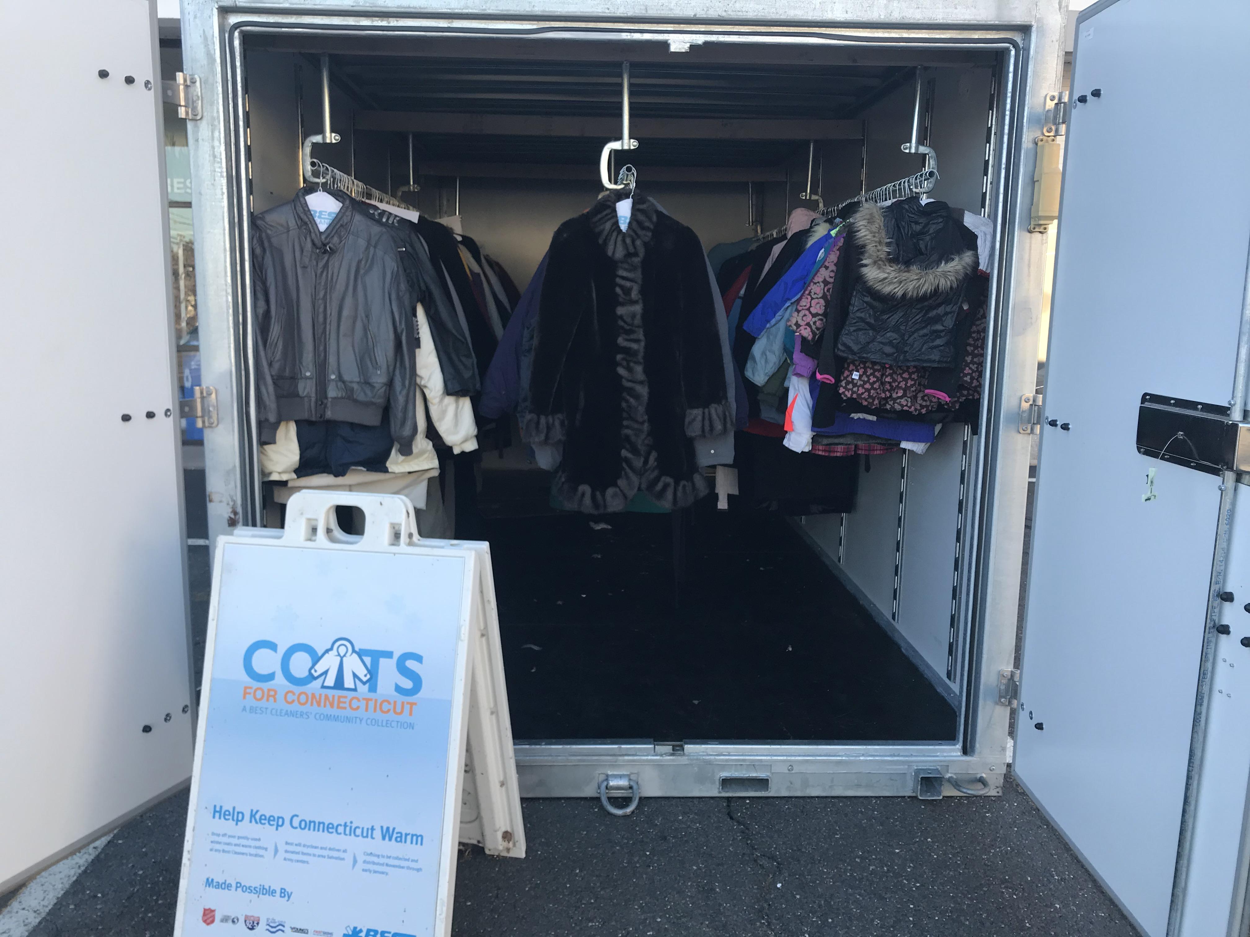 storage container being used for coats for Connecticut charity