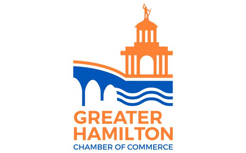 orange and blue logo with building and words Greater Hamilton Chamber of Commerce