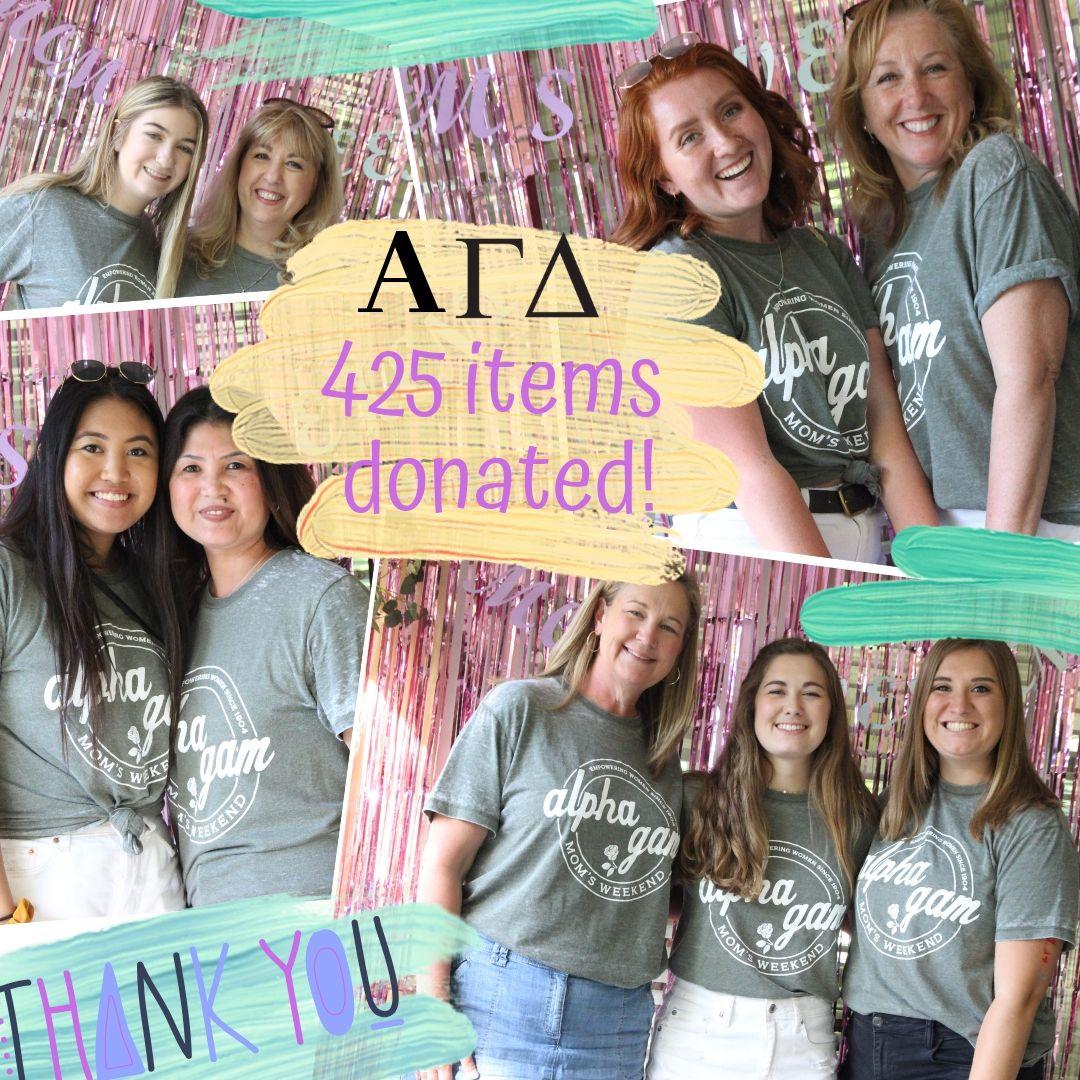 Alpha Gamma Delta sorority sisters with their moms and text that reads &quot;425 items donated&quot;