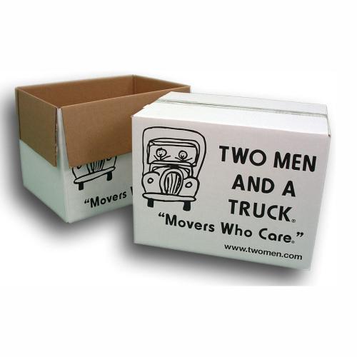 two small boxes with two men and a truck branding