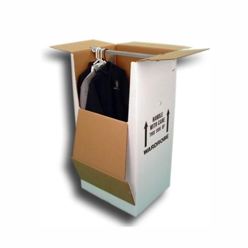 a wardrobe box with clothes hanging inside 